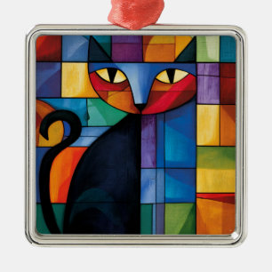 Ornamento De Metal Gato Preto Geométrico Vidro Pintado em Grade