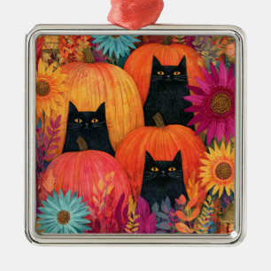 Ornamento De Metal Gato Preto Vigilante no Campo de Abóbora de Outono