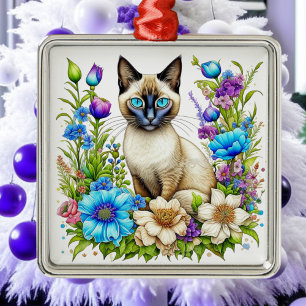 Ornamento De Metal Gato Siames de Ai em Aquarela em Flores 