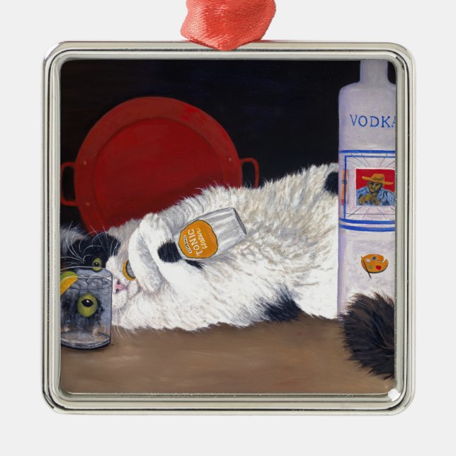 Ornamento De Metal Gato Tuxedo de Cabelo Longo (Frente)