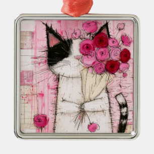 Ornamento De Metal Gato Tuxedo Segurando Buquê de Rosas Rosa