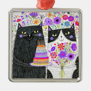 Ornamento De Metal Gatos de Aniversário Caprichosos Buquê Floral