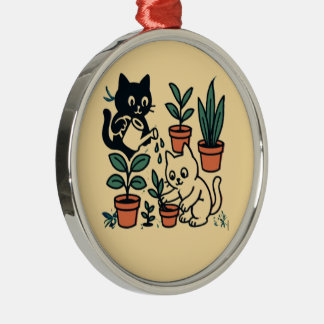 Ornamento De Metal Gatos Pretos e Brancos Cultivando Plantas