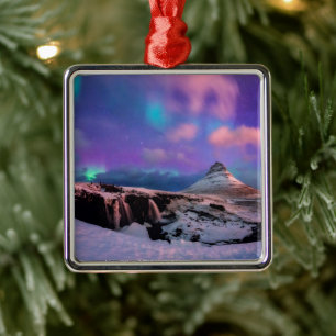 Ornamento De Metal Gelo e neve Luzes Nortes, Montanha Kirkjufall