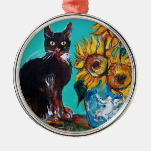 ORNAMENTO DE METAL GIRASSÓIS COM CAT PRETO NA TURQUESA AZUL