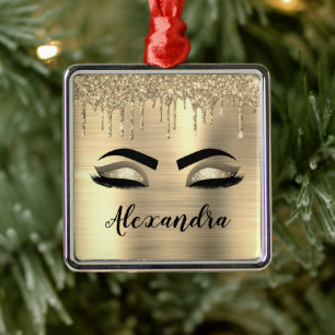 Ornamento De Metal Glitter Sparkle Eyelashes Dourado Nome do Monogram