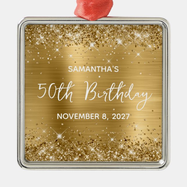 Ornamento De Metal Glittery Gold Foil 50th Birthday (Frente)