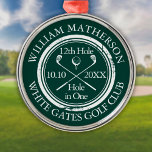Ornamento De Metal Golf Hole em Um Verde Esmeralda Personalizado<br><div class="desc">Personalize o nome,  o número do buraco de localização e a data para criar uma vitória de golfe excelente para celebrar esse buraco fantástico em um só. Projetado por Thisnotme©</div>