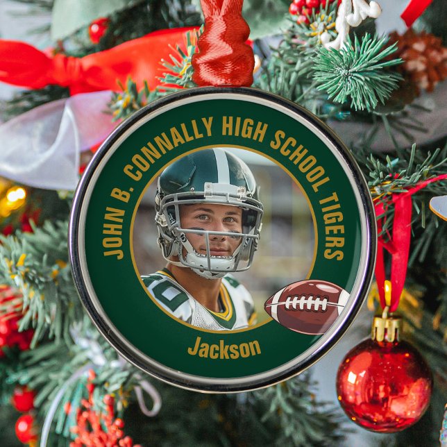 Ornamento De Metal Green Gold Football Player Photo Christmas (Criador carregado)