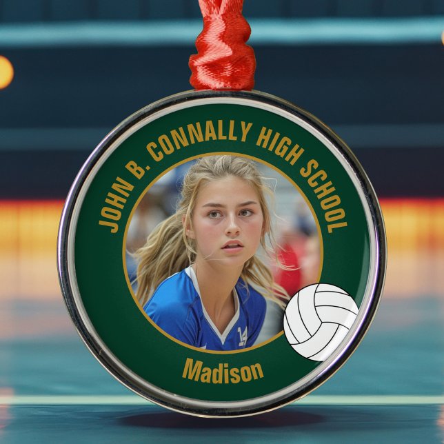 Ornamento De Metal Green Gold Volleyball Player Photo Christmas (Criador carregado)