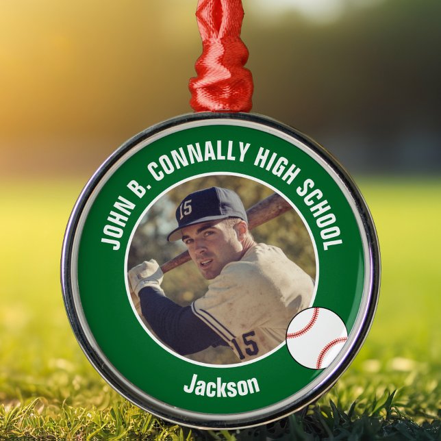 Ornamento De Metal Green High School Baseball Player Photo Christmas (Criador carregado)