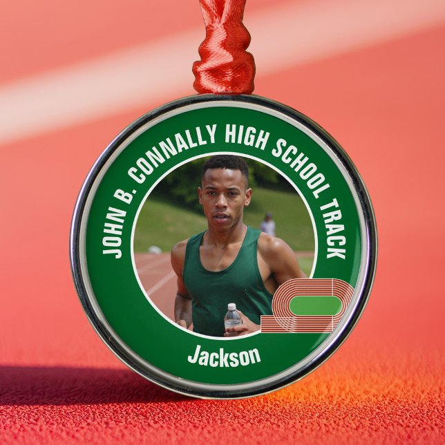 Ornamento De Metal Green Track & Field Photo High School Christmas (Criador carregado)