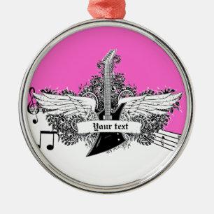 Ornamento De Metal Guitarra branca-preta, rosa-quente, com asas