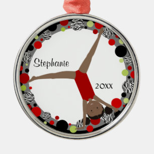 Ornamento De Metal Gymnast do cabelo escuro em vermelho, em preto &