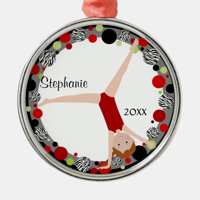 Ornamento De Metal Gymnast do Redhead em vermelho, em preto & verde (Frente)