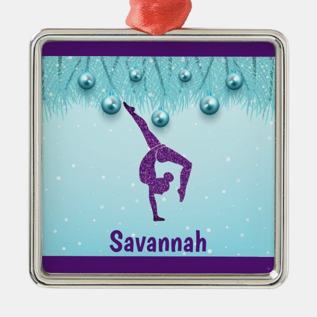 Ornamento De Metal Gymnastics Natal Purple Aqua Personalizado (Frente)