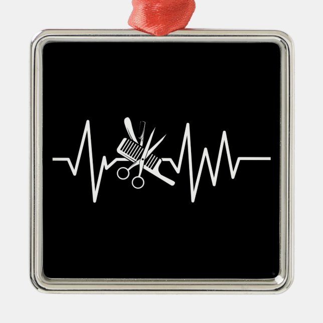 Ornamento De Metal Hairstylist - Barber Scissors Comb Heartbeat Metal (Frente)
