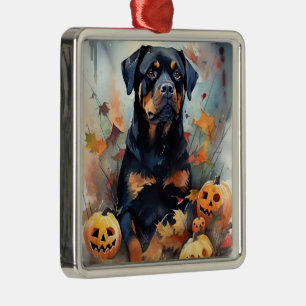Ornamento De Metal Halloween Rottweiler Com Pumpkins Assustado