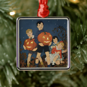 Ornamento De Metal Halloween Vintage, Crianças segurando Abóboras