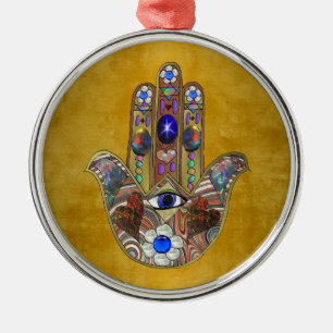 Ornamento De Metal Hamsa Hearts Flowers Opal Art em Dourado