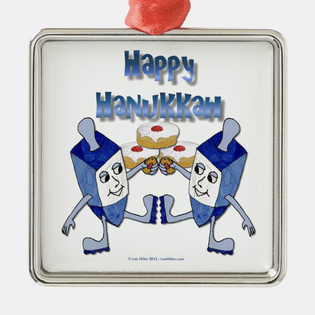 Ornamento De Metal Hanukkah Dancing Dreidels e Jelly Doughnut (Frente)