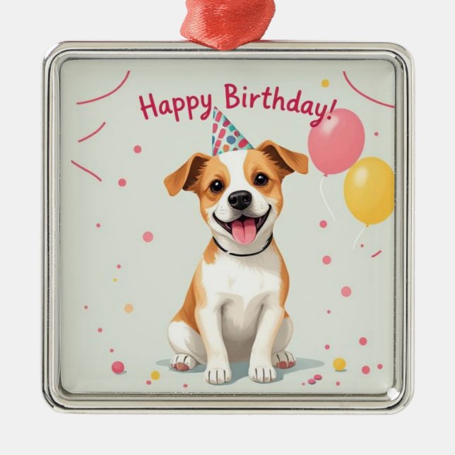 Ornamento De Metal Happy Birthday Dog with Party Hat & Balloons (Frente)