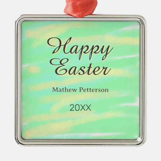 Ornamento De Metal Happy Easter green yellow pastel gray name year  (Frente)