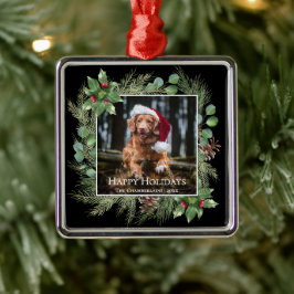 Ornamento De Metal Happy Holidays Pet Photo Wreath