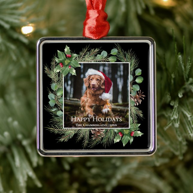 Ornamento De Metal Happy Holidays Pet Photo Wreath  (Árvore)