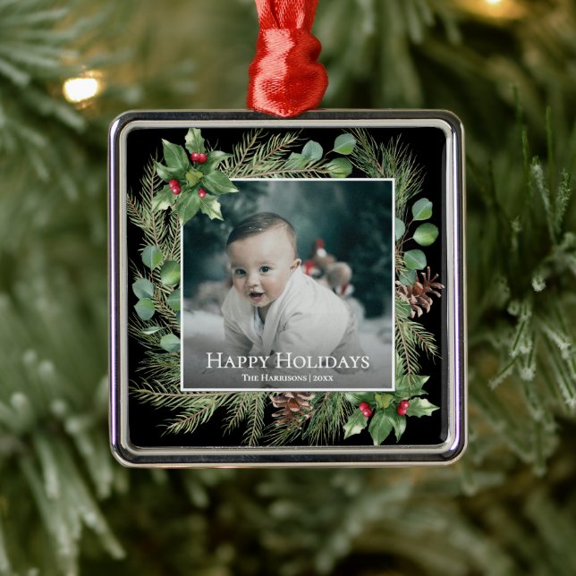 Ornamento De Metal Happy Holidays Photo Wreath Botanical Christmas (Árvore)