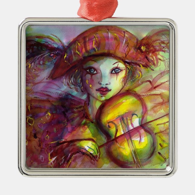 Ornamento De Metal HARLEQUIN JOGANDO VIOLIN Venetian Mascarada (Frente)