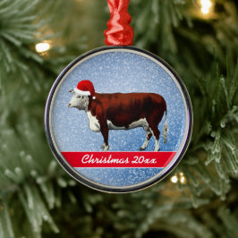Ornamento De Metal Hereford Cow e Santa Hat