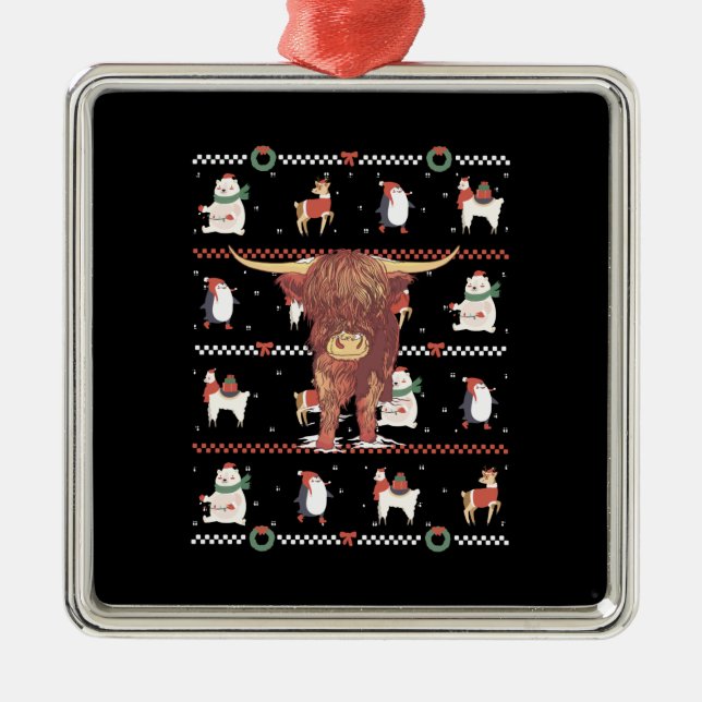 Ornamento De Metal Highland Cow Ugly Christmas (Frente)
