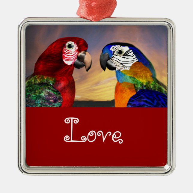 Ornamento De Metal HIPER PARROS / AZUL E ARA RED Love (Frente)