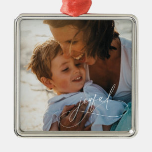 Ornamento De Metal Holiday Handwrite Joyful Minimalist Photo