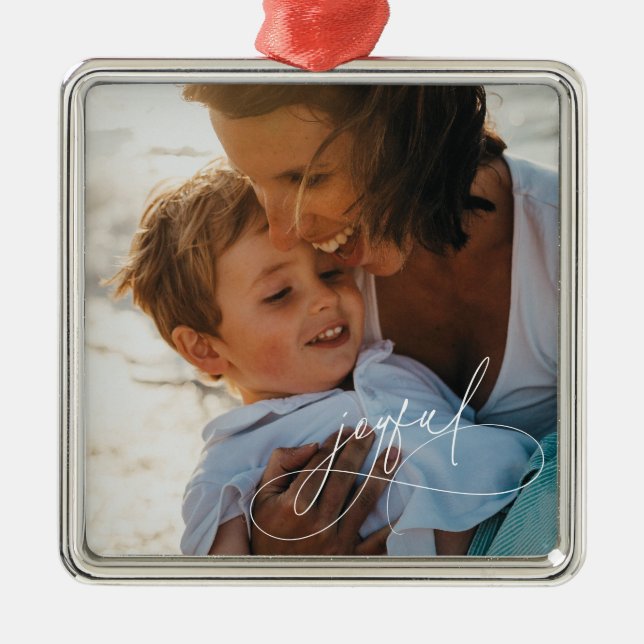 Ornamento De Metal Holiday Handwrite Joyful Minimalist Photo (Frente)