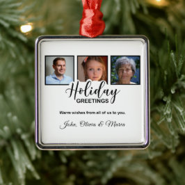 Ornamento De Metal Holiday White 3 Photo Glitter Effect Christmas