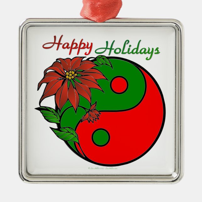 Ornamento De Metal Holiday Yin Yang Poinsettia Green Red (Frente)
