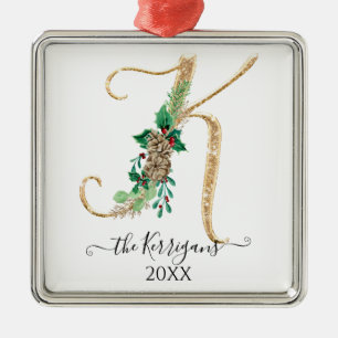 Ornamento De Metal Holly Pine Cone Monograma K Dourado Glitter Natal