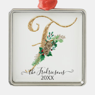 Ornamento De Metal Holly Pine Cone Natal Dourado Monograma F