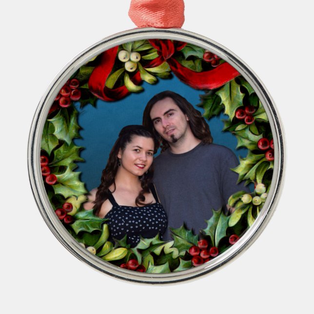 Ornamento De Metal Holly Wreath Personalizada Foto Personalizada Nata (Frente)