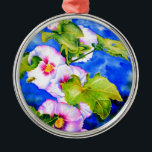 Ornamento De Metal Hollyhocks<br><div class="desc">hollyhock romântico original com pintura de aquarela de abelha de pequeno umbigo por H Cooper</div>