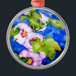 Ornamento De Metal Hollyhocks<br><div class="desc">hollyhock romântico original com pintura de aquarela de abelha de pequeno umbigo por H Cooper</div>