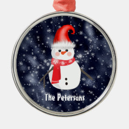 Ornamento De Metal Homem de Neve Natal no Fundo de Neve Azul Escuro