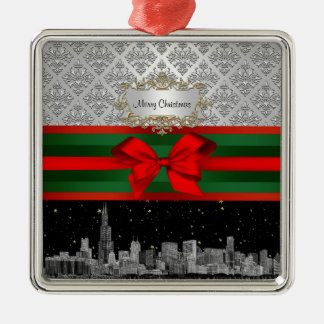 Ornamento De Metal Horizonte de Chicago Prata Branco Damask #3 Arco N