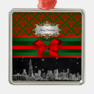 Ornamento De Metal Horizonte de Chicago Vermelho Verde Damask #2 Arco