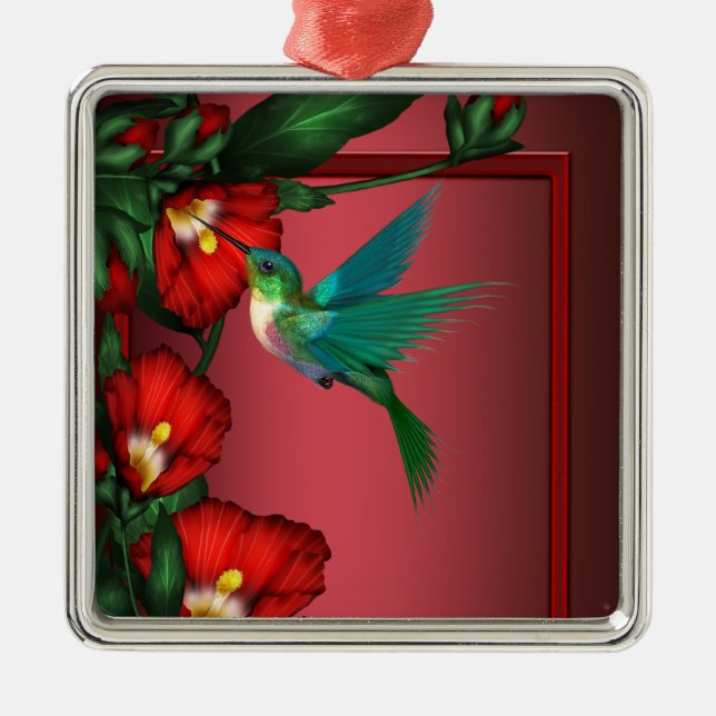 Ornamento De Metal Hummingbird Red Hibiscus Ornament (Frente)