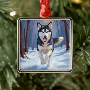 Ornamento De Metal Husky Siberiano   Pintura de Cachorro no Inverno