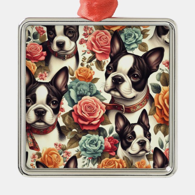 Ornamento De Metal Ilustração Cute Boston Terrier (Frente)