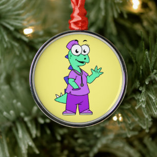 Ornamento De Metal Ilustração De Uma Enfermeira De Stegossauro.